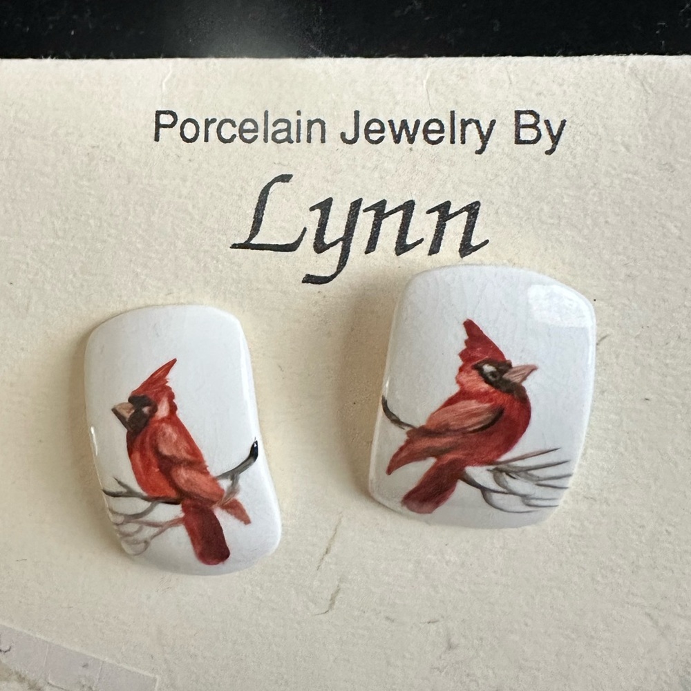 Porcelain Lynn Cardinal Bird Earrings - Red on White
